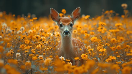 Fotobehang deer wild animal surrounded by beautiful flowers and foliage © Adja Atmaja