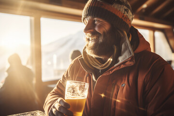 A man holding a beer in a mountain hut, in the style of lens flares, poster, wimmelbilder, nikon d850, snow scenes, close-up, aerial view

 - Powered by Adobe