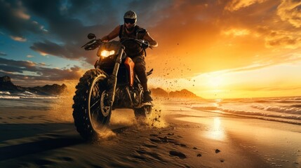 Silhouette rider riding motor big bike on beach at sunset, summer travel concept