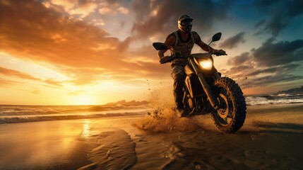 Fototapeta na wymiar Silhouette rider riding motor big bike on beach at sunset, summer travel concept