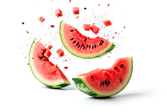 falling watermelon slices isolated on white background
