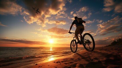 Obraz premium Silhouette rider riding motor big bike on beach at sunset, summer travel concept