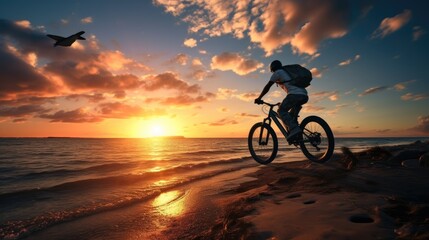 Fototapeta premium Silhouette rider riding motor big bike on beach at sunset, summer travel concept