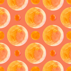 Fototapeta na wymiar Seamless pattern of watercolor Peach circles, dots. Hand drawn illustration. Hand painted elements on peach background. Diagonal. For prints, wrapping paper, fabric design, packaging, wallpaper.
