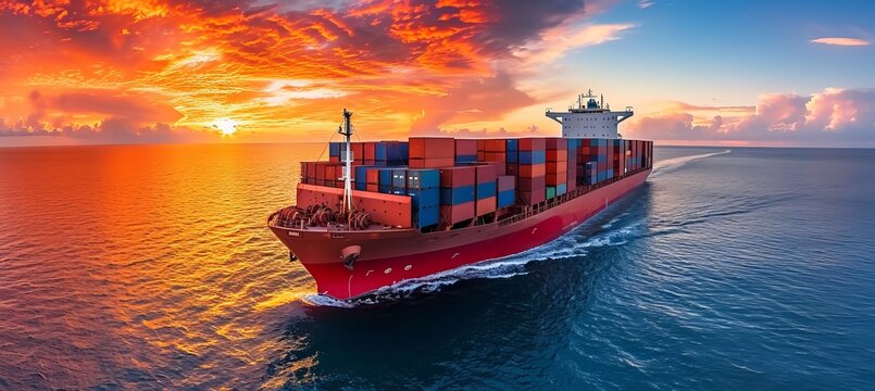Global transportation and logistics network for import export with container ships and trucks.