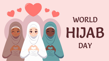 World hijab day. Women in islamic religious clothing shaped heart with both hands expressions. Flat design, poster.