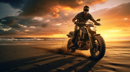 Fototapeta na wymiar Silhouette rider riding motor big bike on beach at sunset, summer travel concept