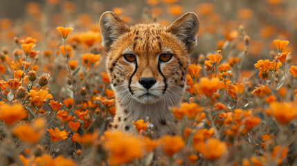  cheetah wild animal surrounded by beautiful flowers and foliage