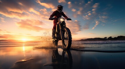Fototapeta premium Silhouette rider riding motor big bike on beach at sunset, summer travel concept