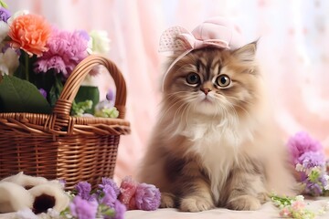 kitten in basket with flowers