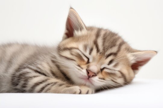 Close up view of cute adorable sleeping tabby kitten cat on white background.