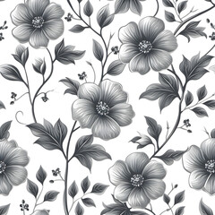 Seamless pattern with grey flowers, abstract vintage floral print, botanic tile, AI illustration, for wallpaper or fabric. - obrazy, fototapety, plakaty
