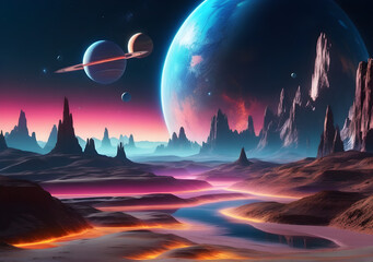 Fototapeta premium Stars planets fantasy landscapes of the future futuristic space sci fi abstract background sci fi landscape. Generative AI