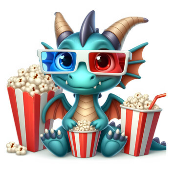 Cute dragon eating popcorn and watch 3d movie cartoon  illustration, Cute dragon mascot with popcorn, Dragon enjoying 3D movie poster