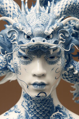 Portrait of a delicate porcelain mans face in white and blue decorated with a Chinese dragon - Generative AI