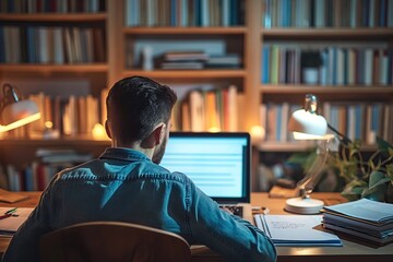Focused Man Working Late Hours at Home Office