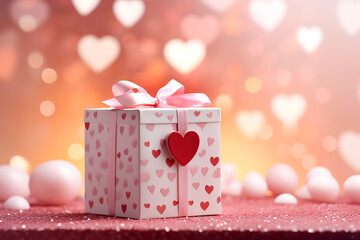 Pink gift box with hearts and pink bow on the background of bokeh effect.