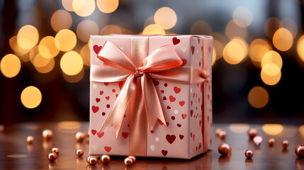 Pink gift box with red hearts and pink bow on the background of bokeh effect.