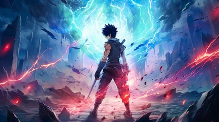 Meister des Gewitters: Anime-Krieger im Elementesturm - obrazy, fototapety, plakaty