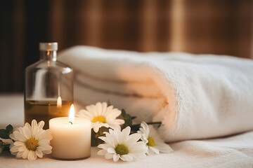 Spa decoration with candle daisies white flowers in spa room