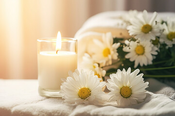 Fototapeta na wymiar Spa decoration with candle daisies white flowers in spa room