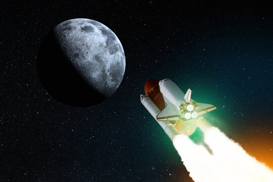 Spaceship lift off. Space shuttle with smoke and blast takes off into space on a background of full moon. Elements of this image furnished by NASA.