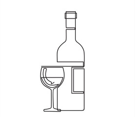 Bottle of wine and wineglass in continuous line art drawing style. Minimalist black linear sketch isolated on white background. Vector illustration