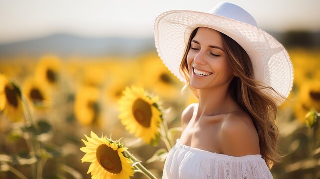Beautiful woman in dress walking in sunflower field at hazy morning, beautiful flower field