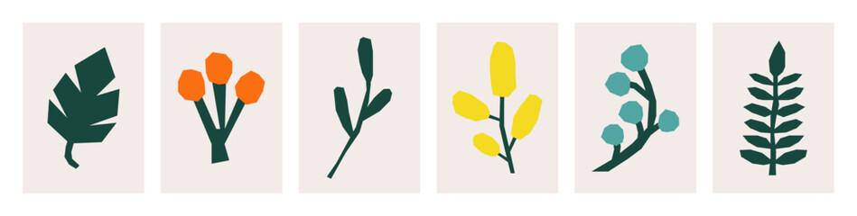 Set of isolated naive cutout plants. Modern minimalist cards. Hand drawn floral colorful flat vector illustrations for interior design.