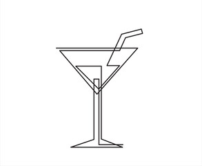 One line continuous cocktail wine glass symbol concept. Silhouette of alcoholic drink vermouth olive. Digital white single line sketch drawing vector illustration