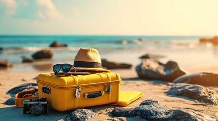 baggage travel. yellow suitcase with travel accessories such as sunglasses, hat and camera on sea beach background. - obrazy, fototapety, plakaty