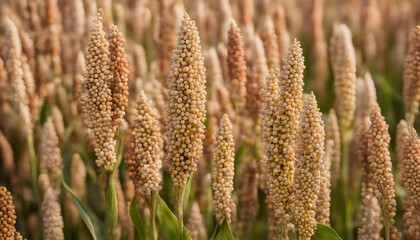 Golden Sorghum ears in the farm background
