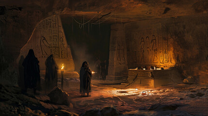 team of archaeologists discovering a hidden underground tomb, filled with ancient relics, hieroglyphics on the walls