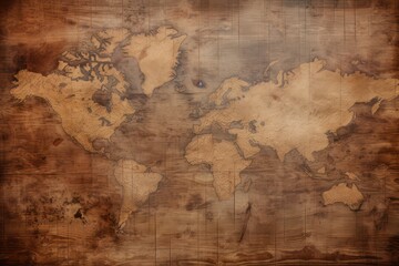 Naklejka premium World map on old worn paper, continent grunge effect background wallpaper.