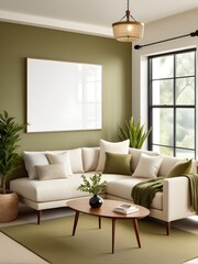 Mock-up frame in home interior background with sofa, table and decorations in living room