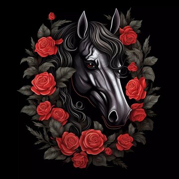 illustration of a horse with red roses on a black background. generative ai