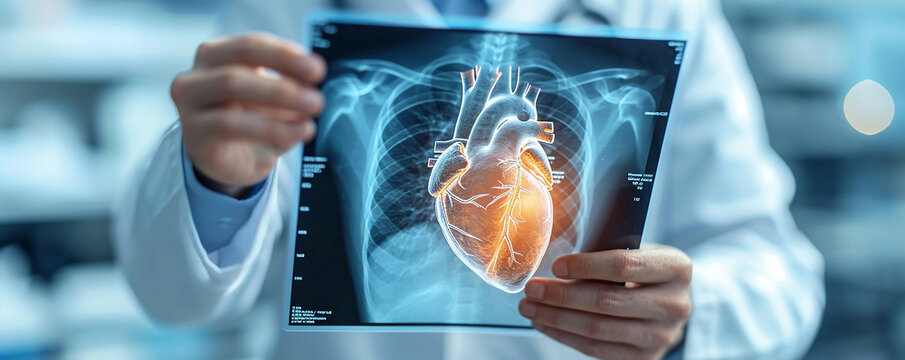 A healthcare professional examining a detailed x-ray image of a human heart, highlighting the intricate cardiovascular structures ,Doctor Analyzing Heart X-Ray