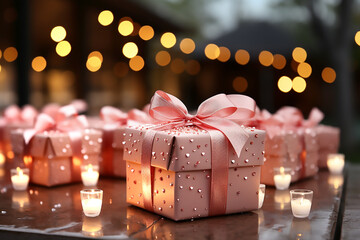 Pink gift box with pink bow and candles on the background of bokeh effect.