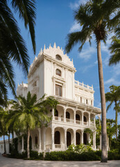A large white building surrounded by palm trees, stunning grand architecture, neo-classical style, ornate architecture