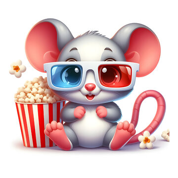 Cute mouse eating popcorn and watch 3d movie, rat  eating popcorn cartoon vector, Cute mouse mascot with popcorn, Mouse watching film art