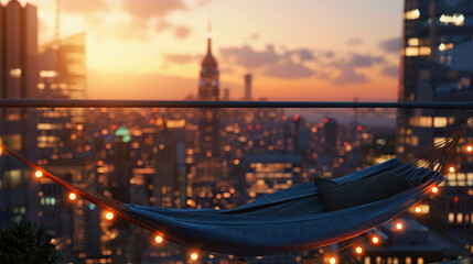 urban rooftop scene at sunset, featuring a stylish hammock made of durable canvas, with skyscrapers in the background and soft city lights beginning to twinkle