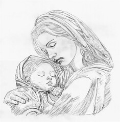 Scan of a hand drawn pencil drawing of the Virgin Mary holding baby Jesus