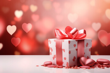 Gift box with bow and hearts on the background of bokeh effect.