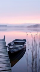 Wooden boat at a jetty on a calm dawn lake. The concept of tranquility and solitude.