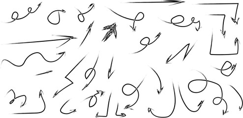 Hand drawn freehand Grunge Charcoal arrows vector icons set. Different curved lines, swirls arrows. Doodle marker drawing Direction pointers. Marker stroke. Vector illustration.