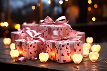 Pink gift boxes with red hearts and pink bows on the background of bokeh effect.