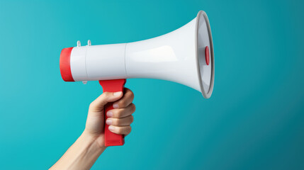 Person's hand holding a red and white megaphone against a teal blue background.
