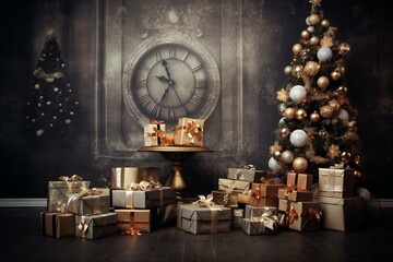 Decorative stand with presents in front of New Year backdrop. Generative AI