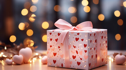 Pink gift box with red hearts and pink bow on the background of bokeh effect.