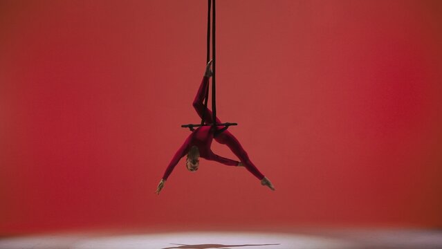 Female gymnast isolated on red studio background. Girl aerial dancer in bodysuit on acrobatic trapeze with straps perform element.